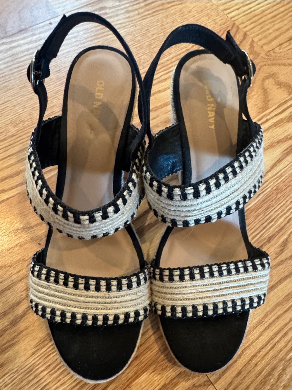 Old Navy Black and Natural Braided-Trim Wedge Sandals